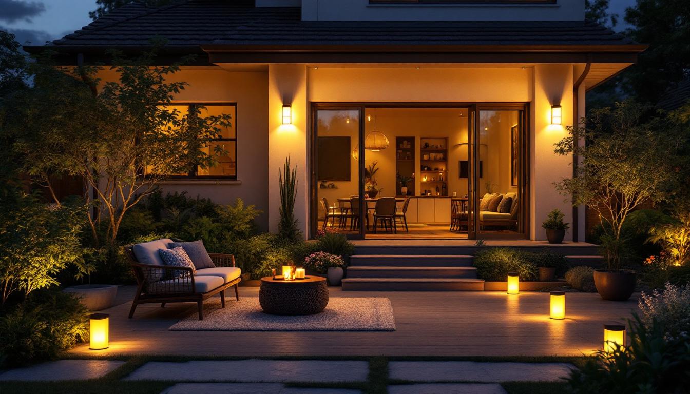 A photograph of a beautifully illuminated outdoor space featuring solar house lights