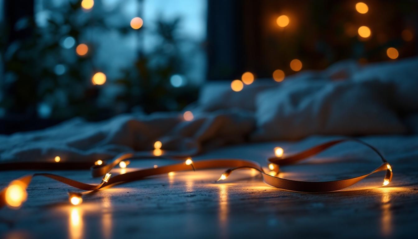 A photograph of a cozy interior setting illuminated by small strip lights