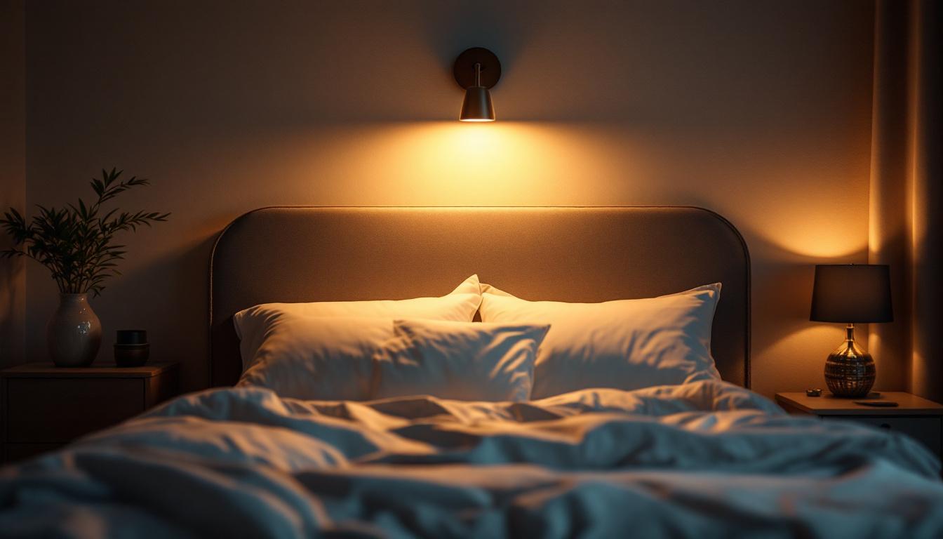 A photograph of a stylish and modern bed light fixture installed in a cozy bedroom setting