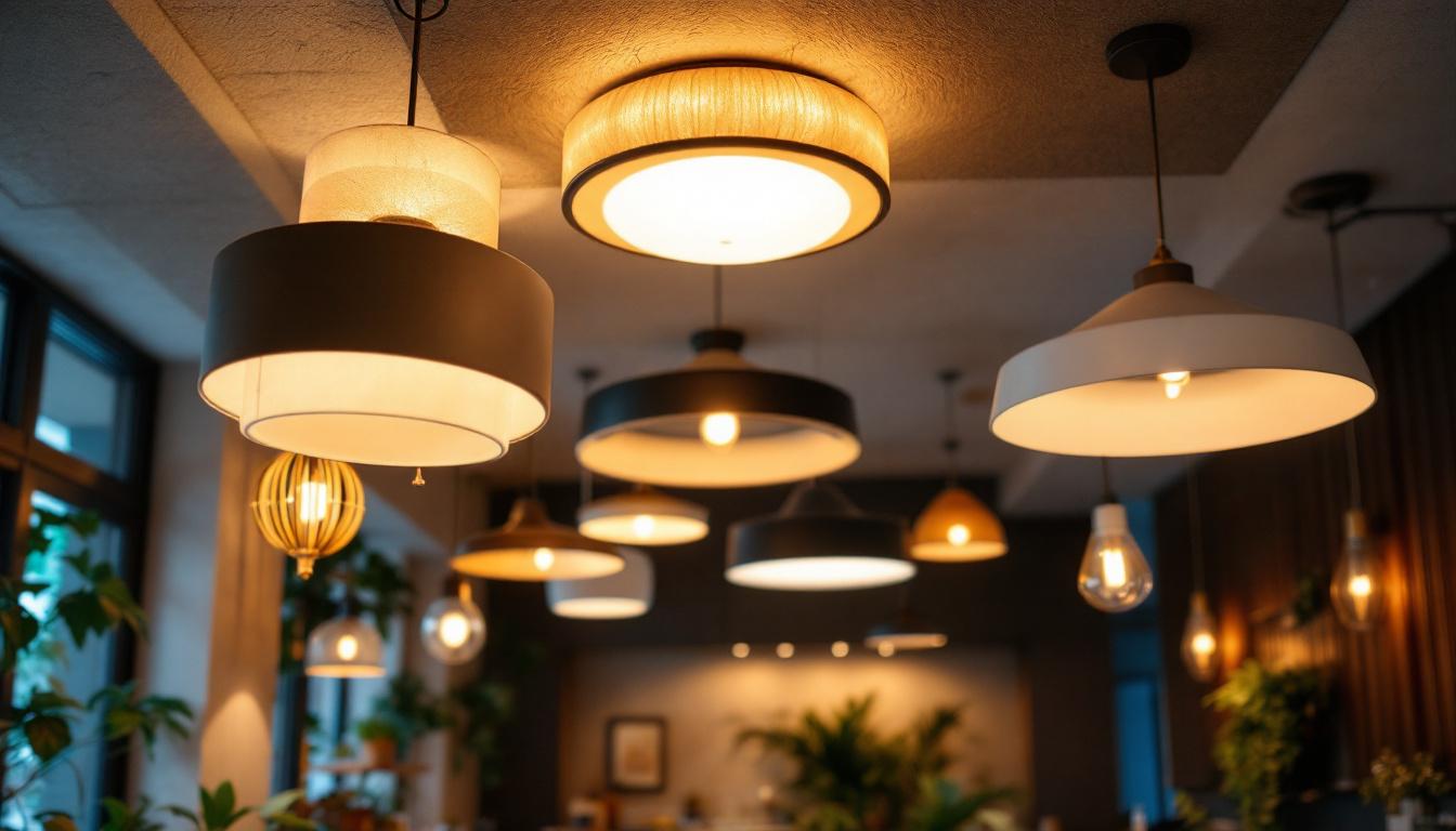 A photograph of a beautifully designed interior space featuring a variety of ceiling lights