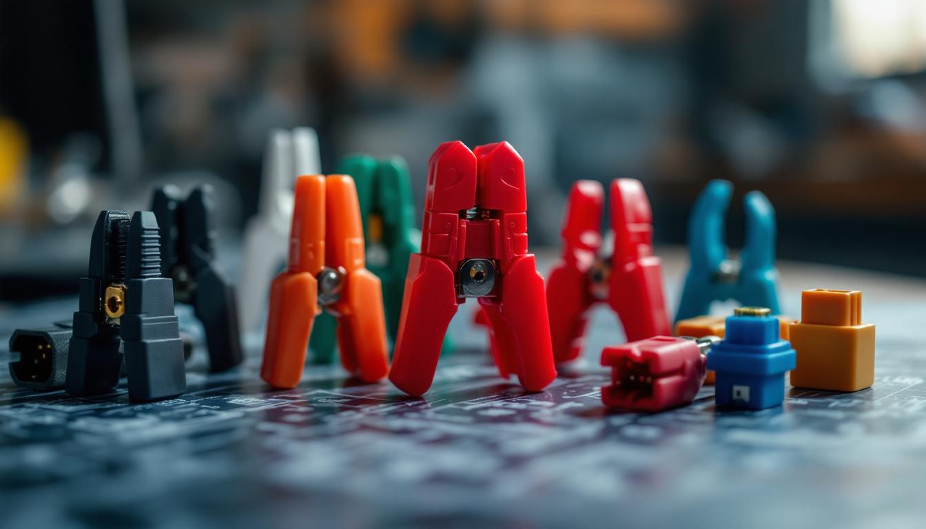 A photograph of a close-up shot of various wire clip connectors arranged on a workbench