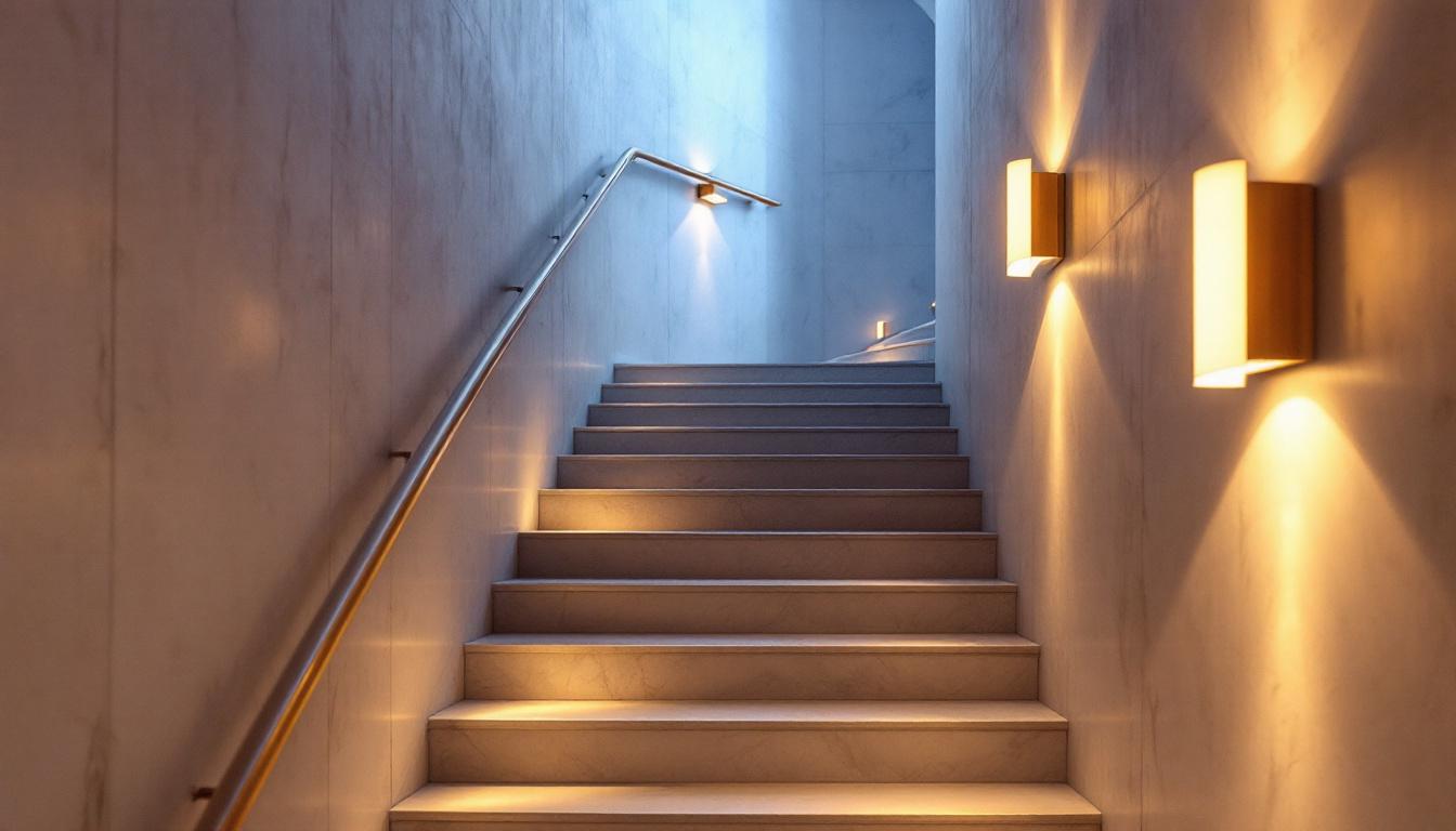 A photograph of a beautifully designed stairway illuminated by stylish wall sconces