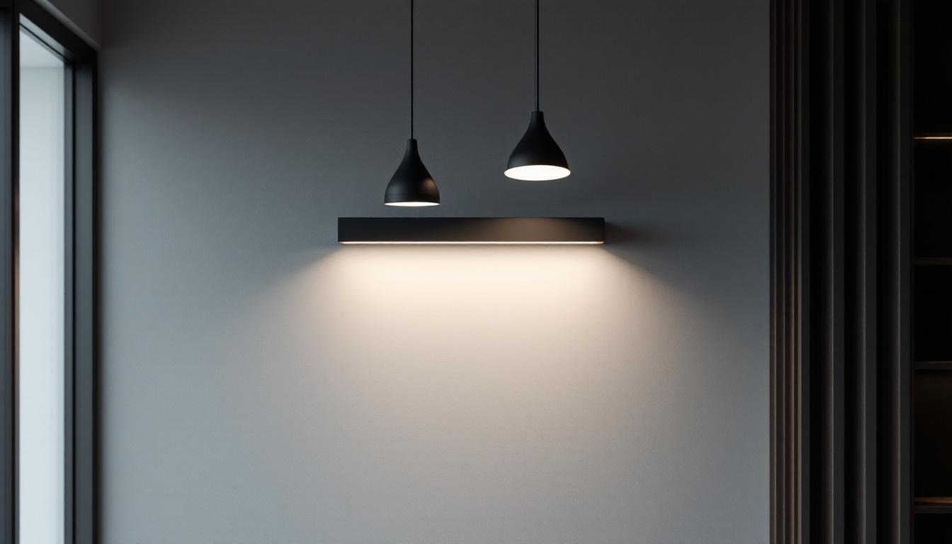 A photograph of a striking contrast between sleek black and white lighting fixtures in a modern interior space