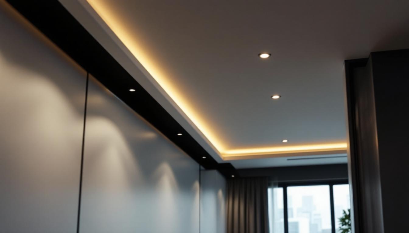 A photograph of a modern interior space featuring black recessed lighting trim