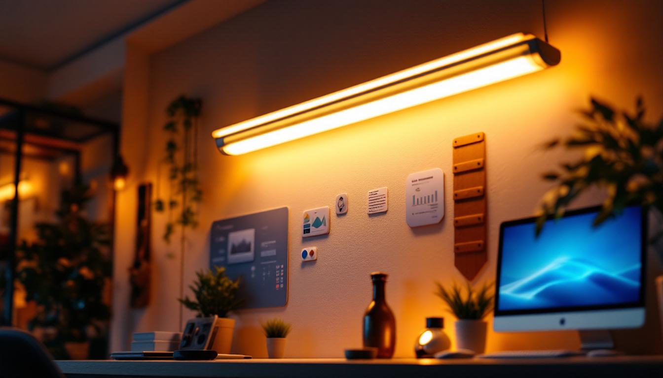 A photograph of a well-lit workspace featuring an 8-foot fluorescent tube light installation