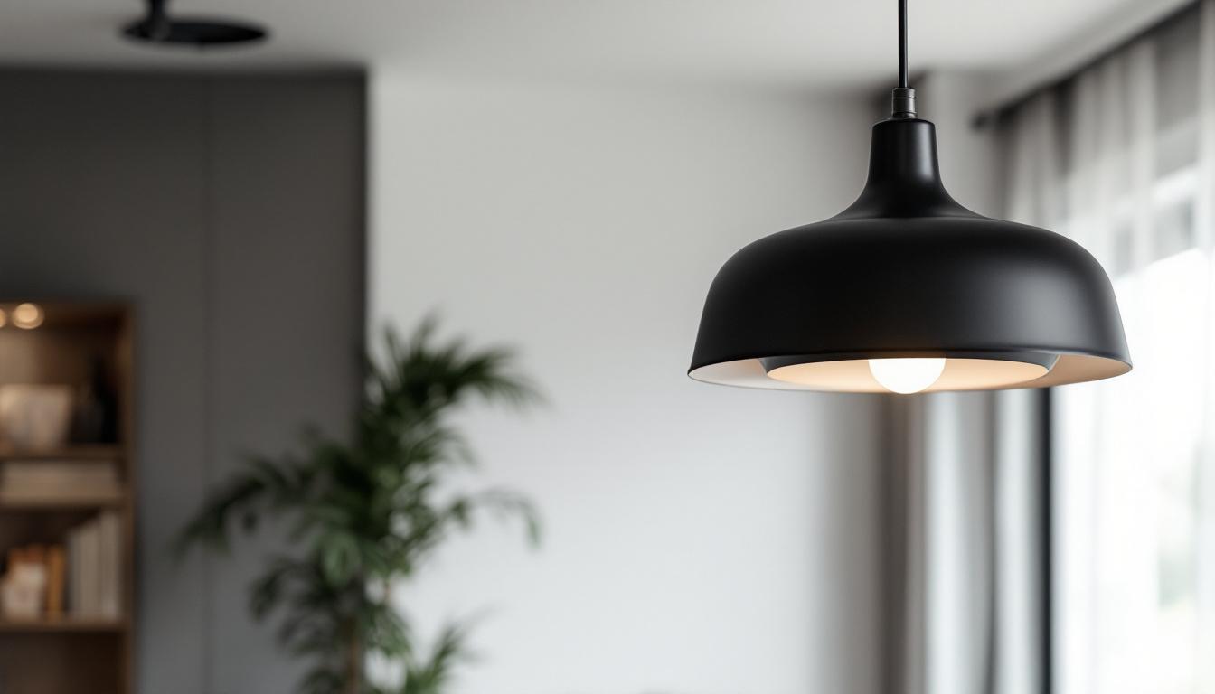 A photograph of a sleek black matte pendant light hanging elegantly in a modern interior setting