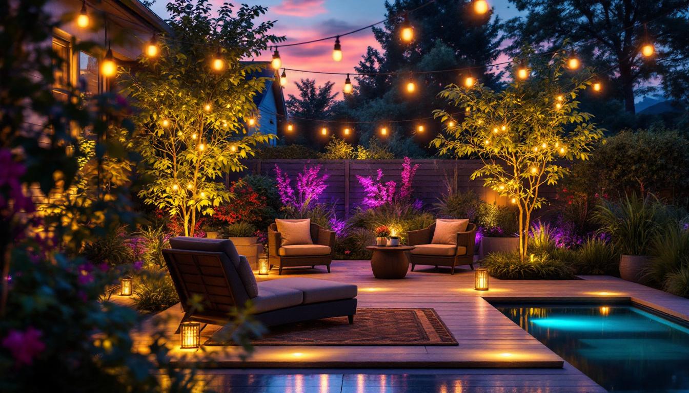 A photograph of a vibrant outdoor scene showcasing various types of lighting—specifically led lights juxtaposed with traditional lighting options—illuminating a garden or patio space at dusk to highlight their differences in brightness