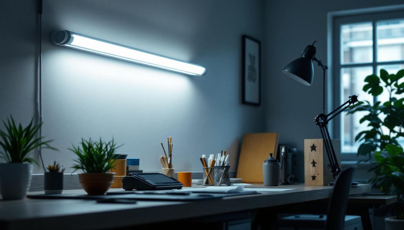 A photograph of a well-lit workspace featuring a 4 ft fluorescent light bulb in action