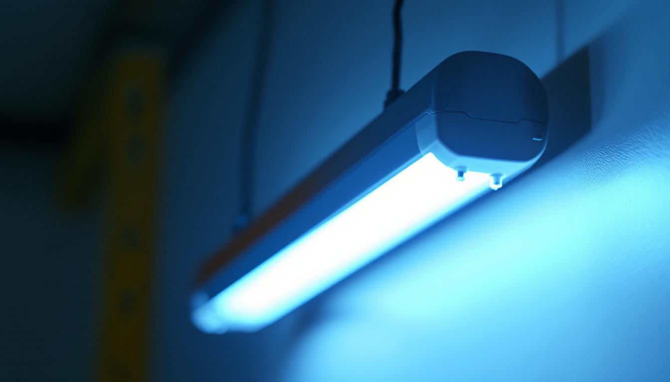 A photograph of a close-up shot of a fluorescent light fixture in use
