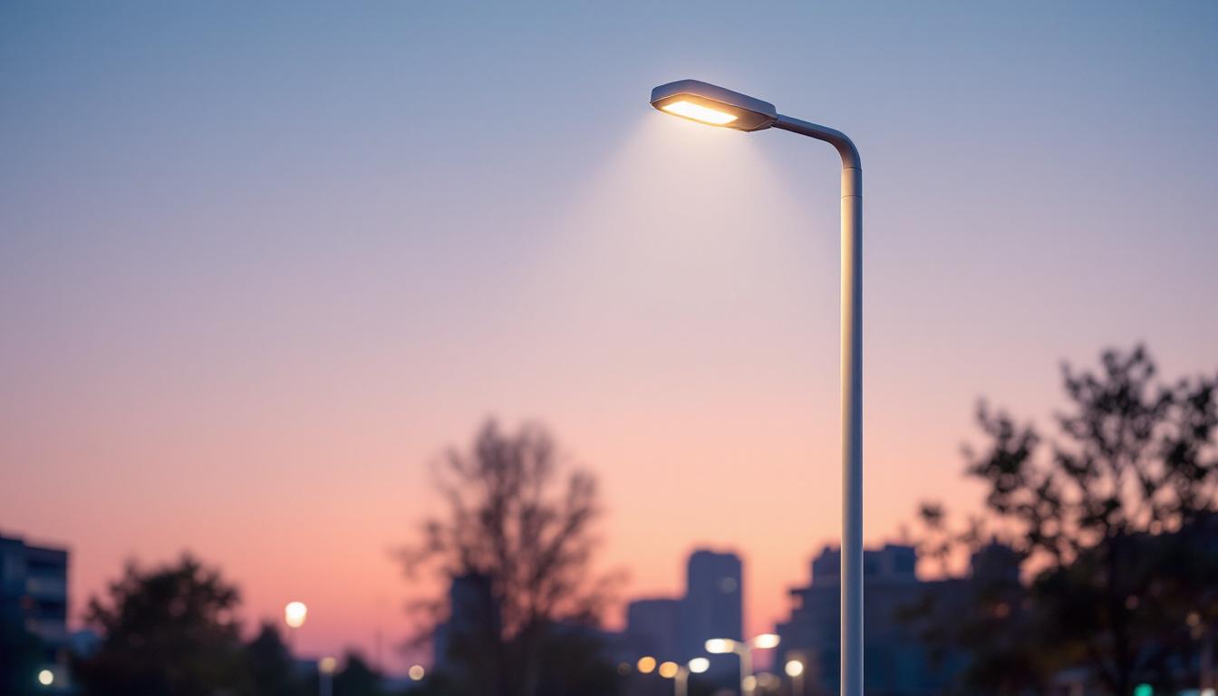 A photograph of a sleek white lamp post illuminated at dusk