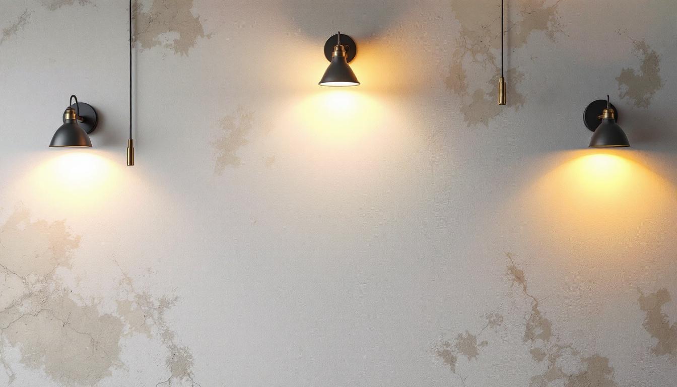 A photograph of a well-lit interior wall featuring various wall-mounted light fixtures