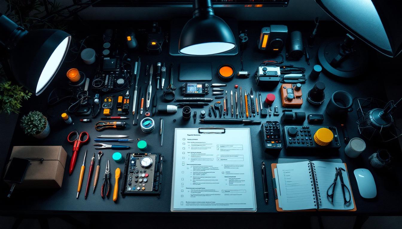 A photograph of a well-organized lighting engineer's workspace