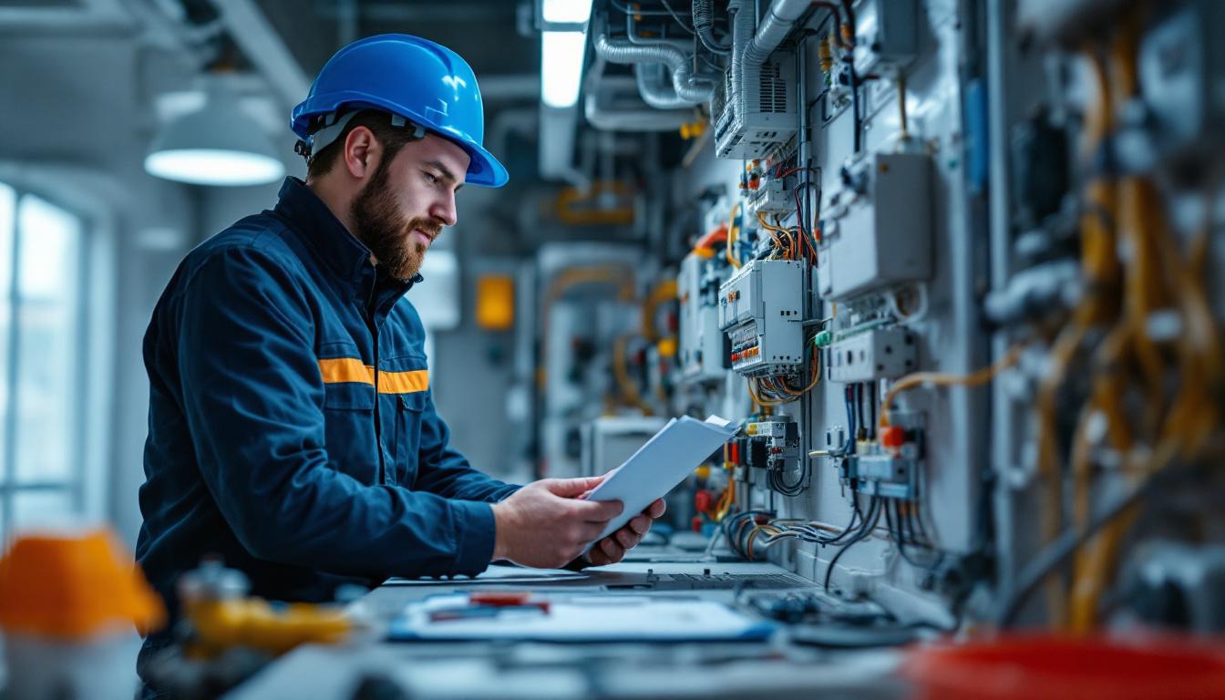 A photograph of a skilled engineer examining various electrical fixtures and components in a modern workspace