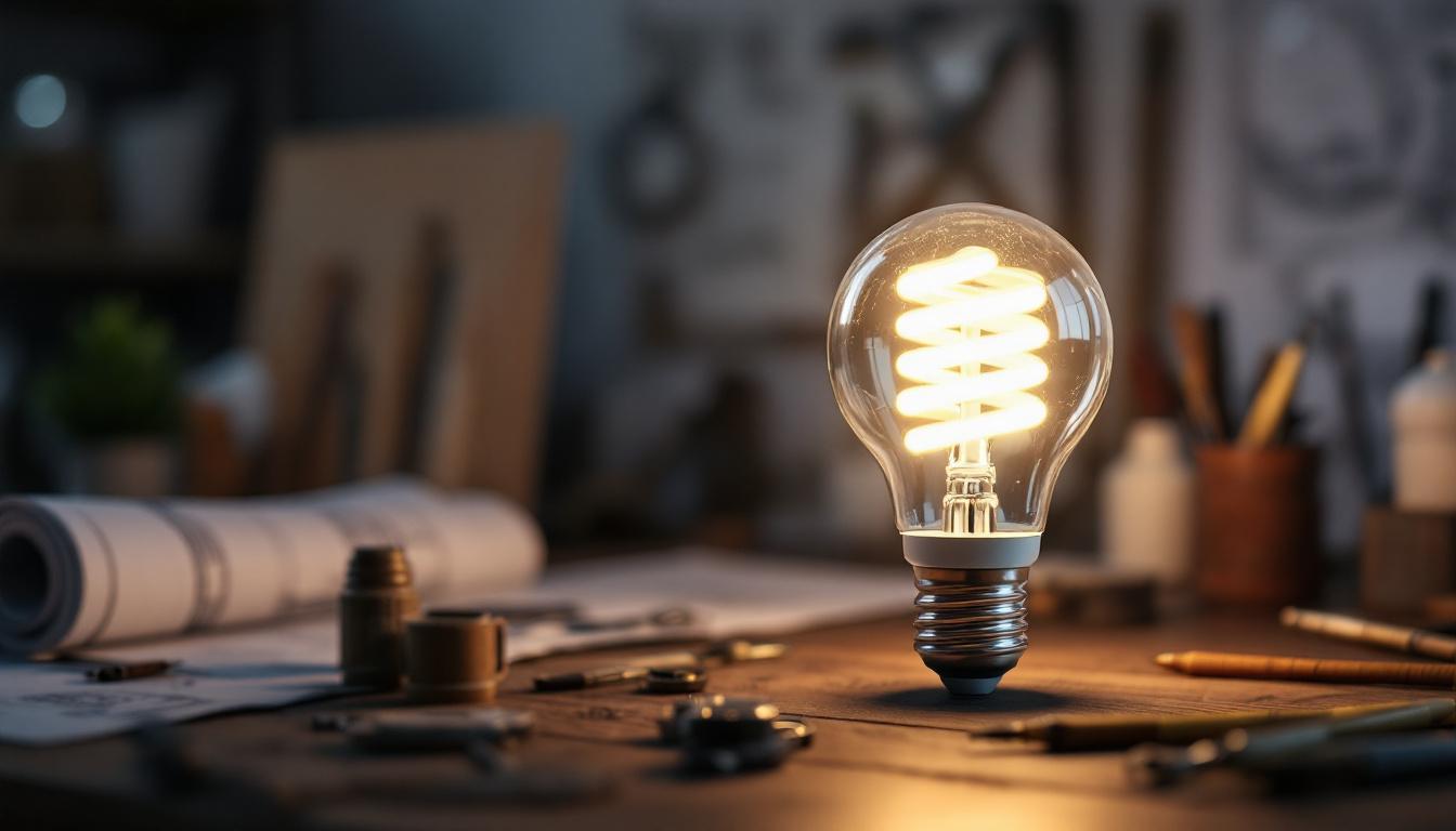 A photograph of a close-up of a cfl light bulb illuminating a workspace with engineering tools and blueprints in the background