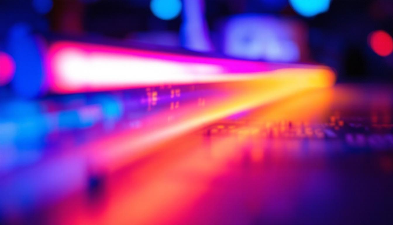 A photograph of a close-up of a color fluorescent lamp illuminating a workspace