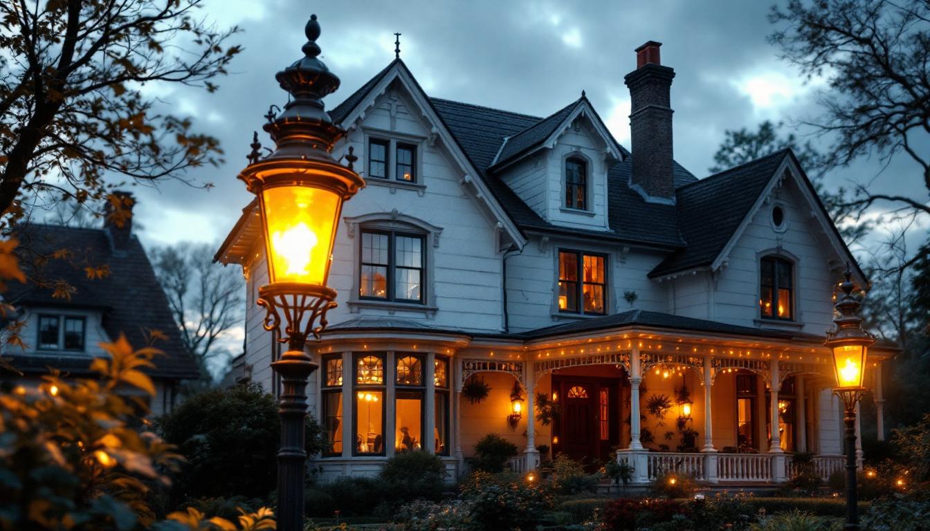 A photograph of an elegantly restored old home featuring vintage gas lights
