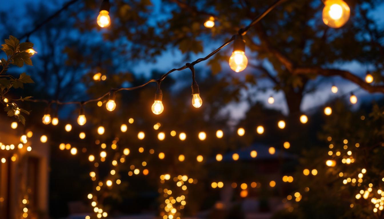 A photograph of a beautifully illuminated outdoor space adorned with white led string lights