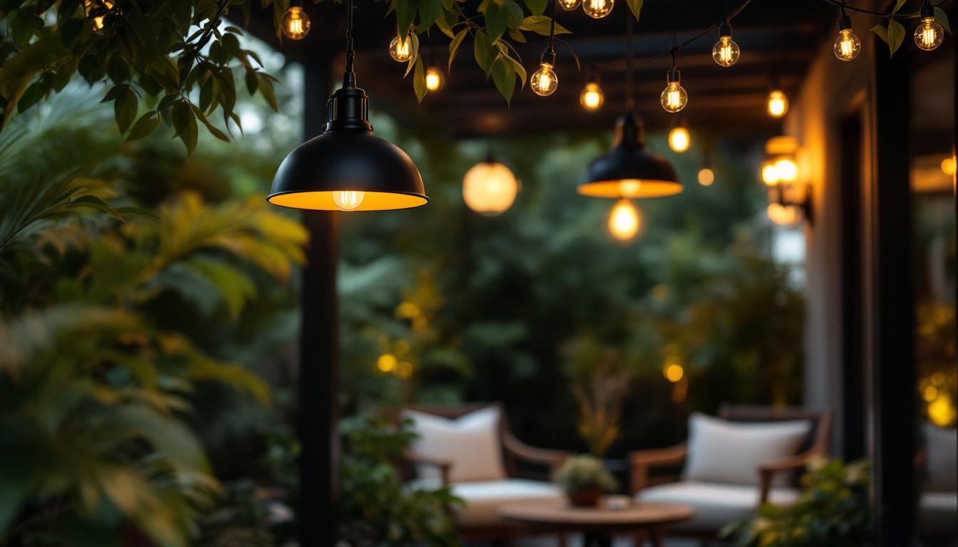 A photograph of a beautifully styled outdoor space featuring elegant black hanging light fixtures