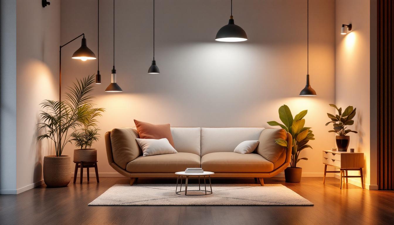 A photograph of a well-lit interior space showcasing various lighting fixtures in use
