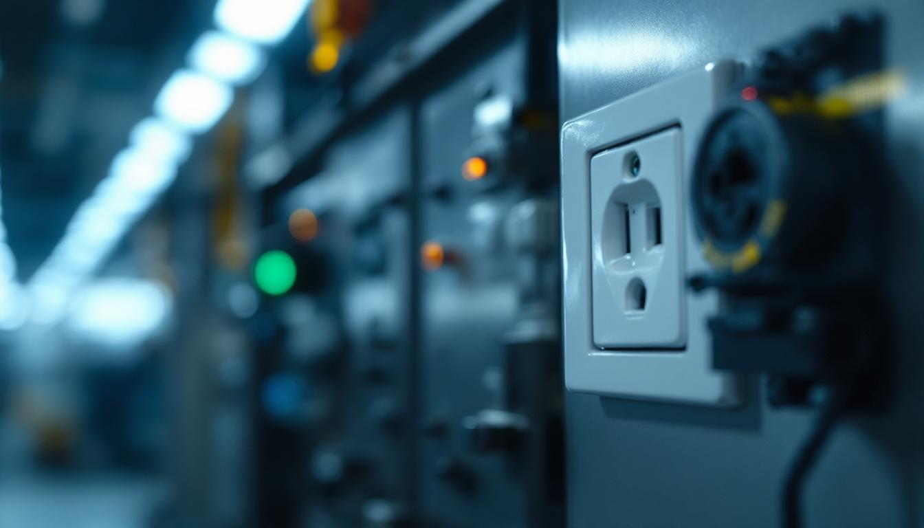 A photograph of a close-up shot of industrial electrical outlets in a well-lit factory setting