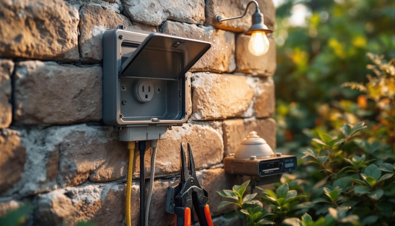 A photograph of a weatherproof outdoor outlet box installed in a picturesque outdoor setting