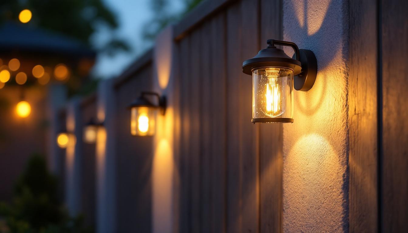 A photograph of a beautifully illuminated outdoor space featuring solar sconce lights mounted on a wall or fence