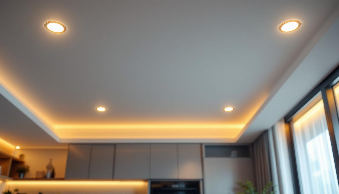 A photograph of a well-designed ceiling featuring 1-inch recessed lights in a modern interior setting