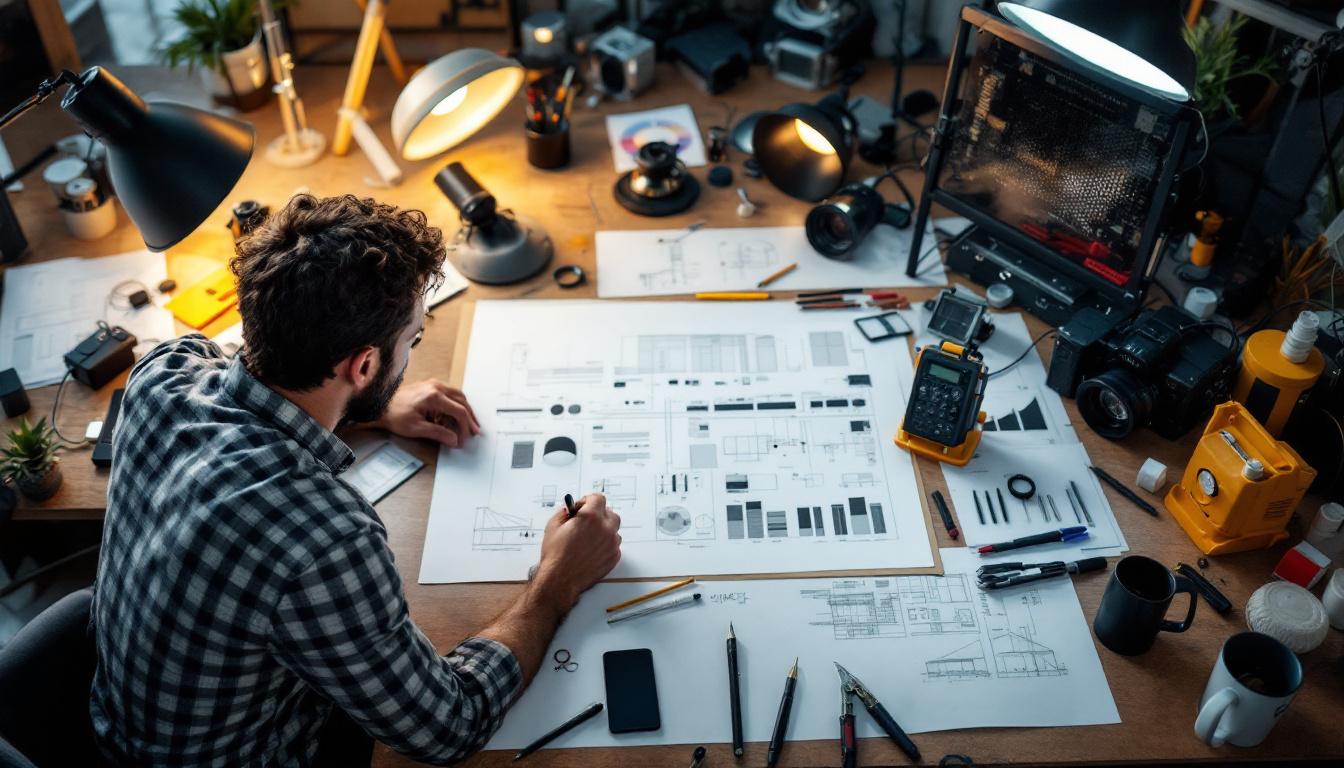 A photograph of a lighting engineer at work