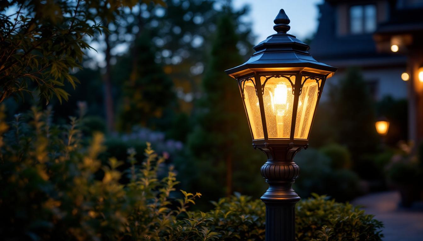 A photograph of a beautifully designed bronze outdoor lamp post illuminated at dusk