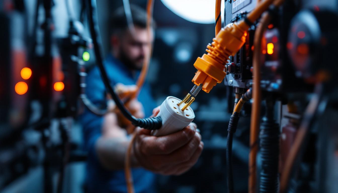 A photograph of a lighting engineer working with a 240-volt power cord