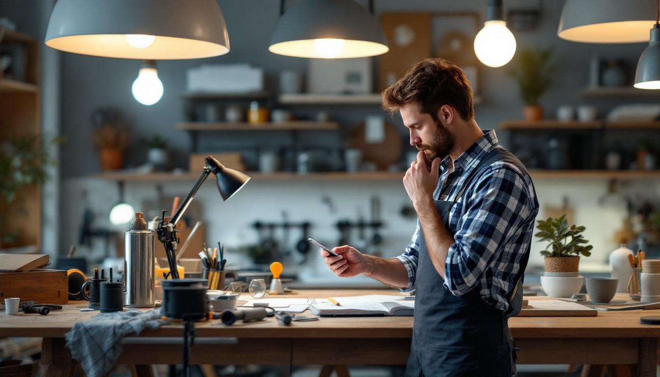A photograph of a well-lit workspace featuring a variety of stylish and functional light fixtures