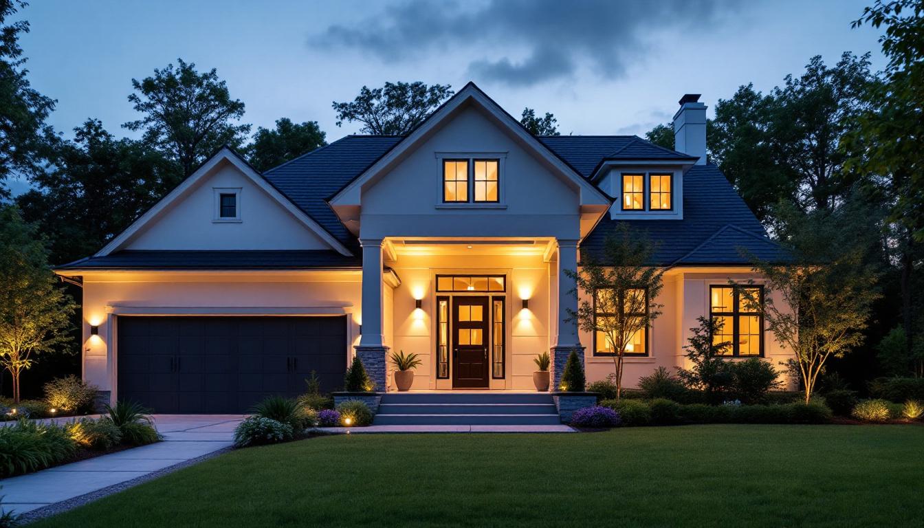 A photograph of a beautifully illuminated exterior home setting at dusk