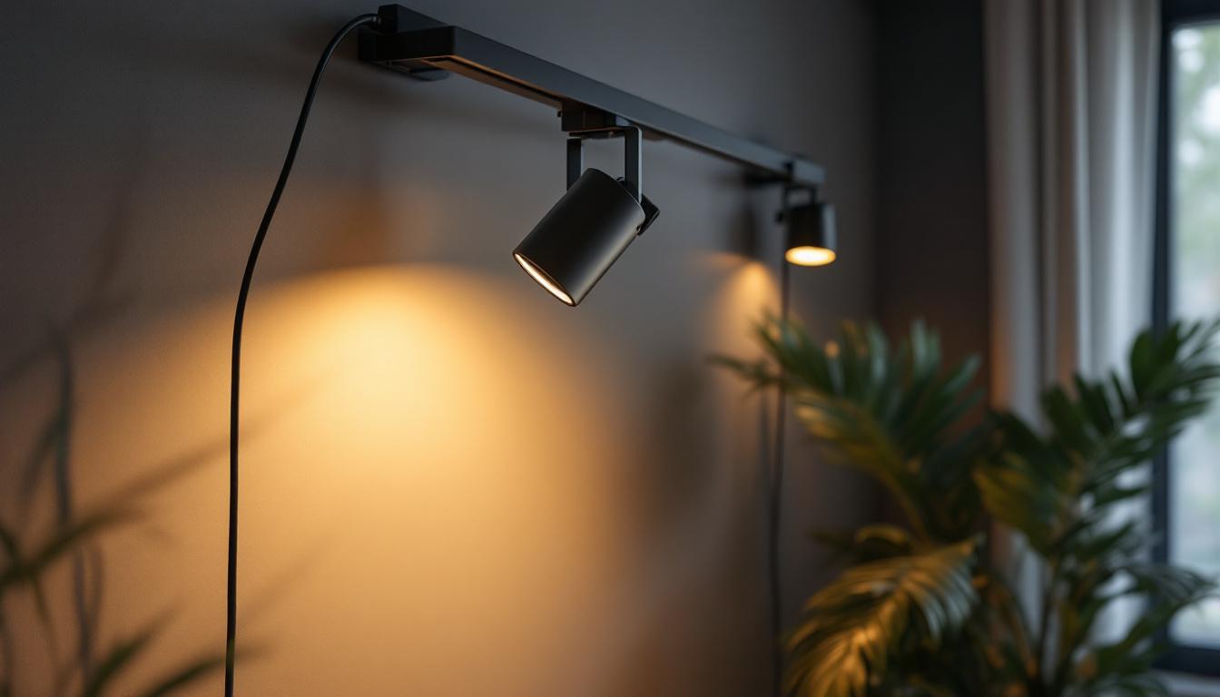 A photograph of a stylish and modern track lighting setup in a home or commercial space