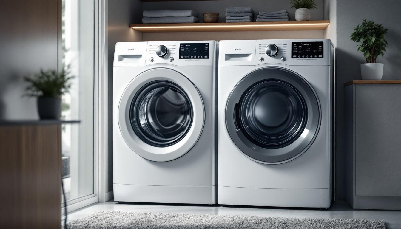 A photograph of capture a photograph of a modern washer and dryer set in a well-lit laundry room