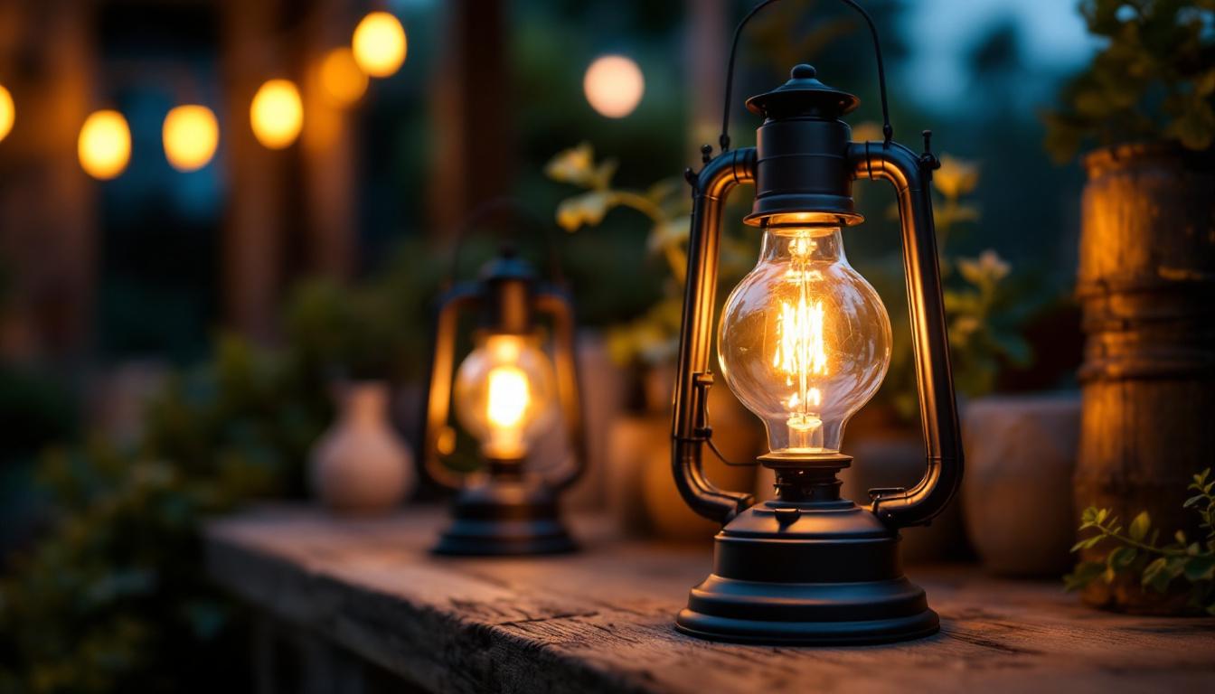 A photograph of a beautifully styled outdoor setting featuring light bulbs designed to resemble vintage gas lanterns