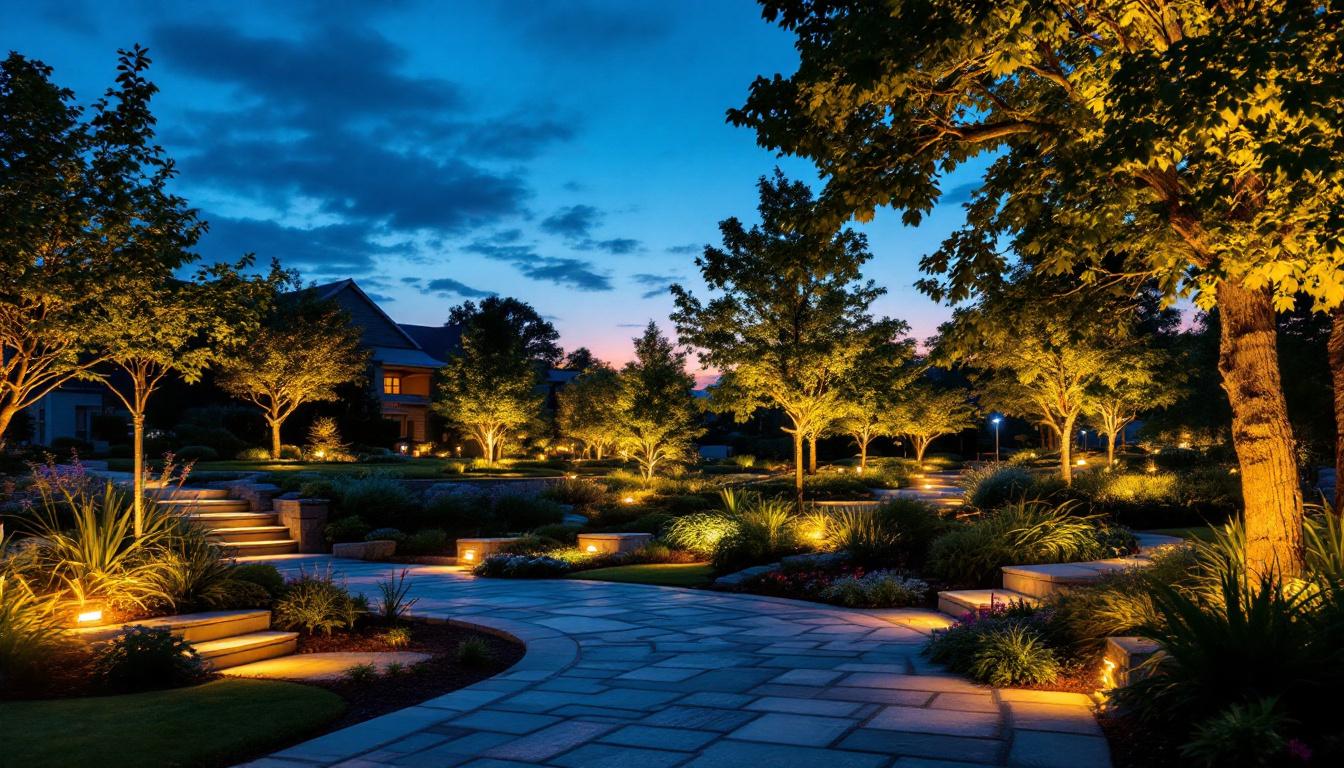A photograph of a beautifully illuminated outdoor landscape at dusk