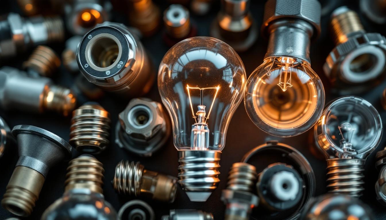 A photograph of a close-up of various light bulb fittings and sockets