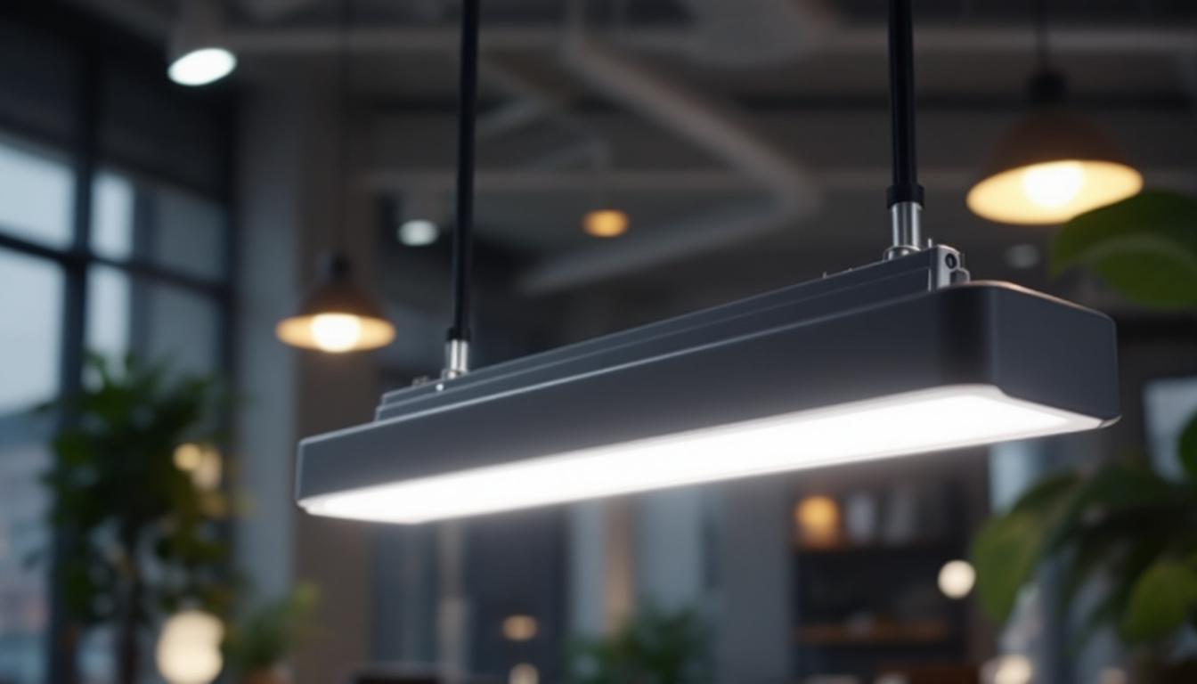 A photograph of a well-lit workspace featuring an 8-foot fluorescent ballast installed in a modern lighting fixture
