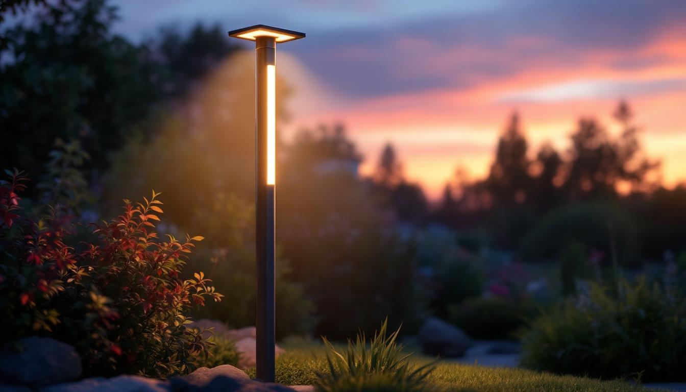 A photograph of a sleek outdoor solar light pole illuminated at dusk
