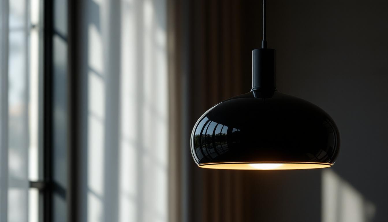 A photograph of a sleek black round pendant light hanging in a stylish interior setting
