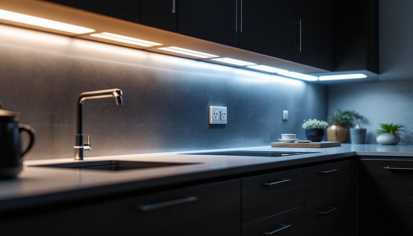 A photograph of a stylish kitchen showcasing under cabinet lights with integrated outlets