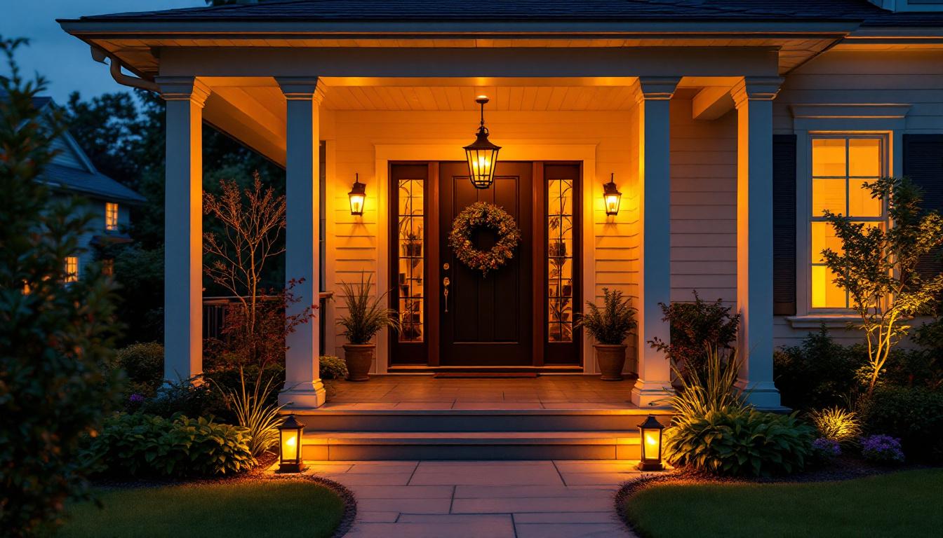 A photograph of a beautifully illuminated porch at dusk