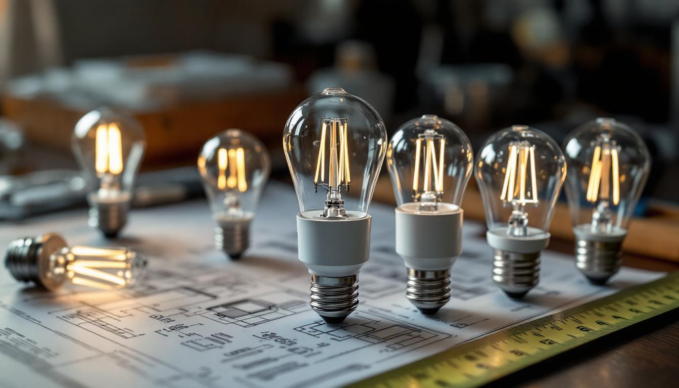 A photograph of capture a photograph of a variety of 12-volt led bulbs with standard bases displayed alongside a measuring tape and a technical drawing