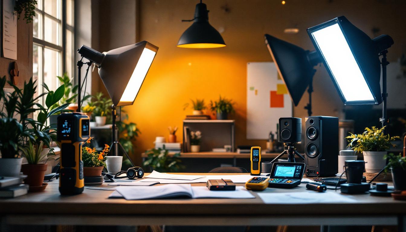 A photograph of a well-lit workspace featuring various lighting systems