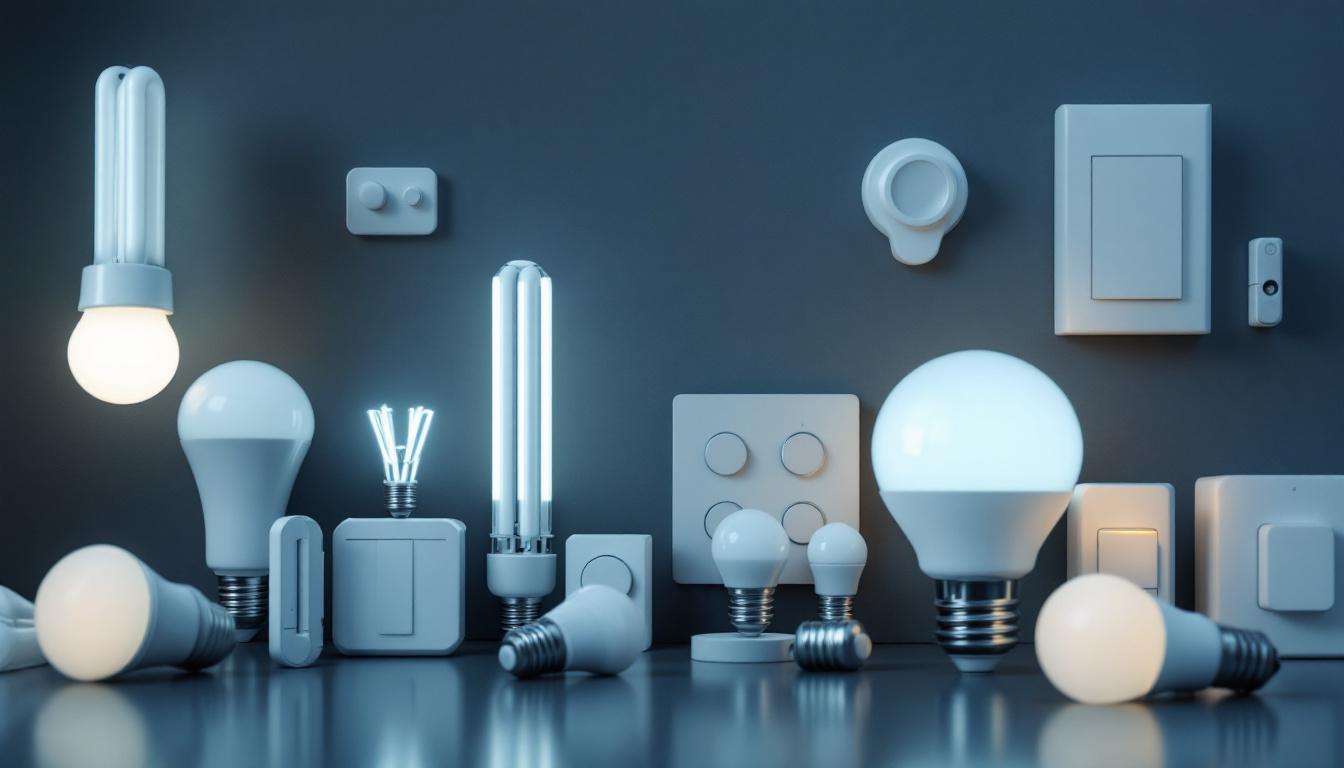 A photograph of a variety of fluorescent bulbs in different sizes and shapes