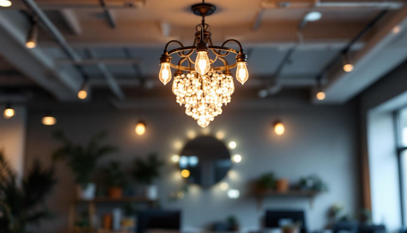 A photograph of a stunning chandelier light installation in a modern workspace