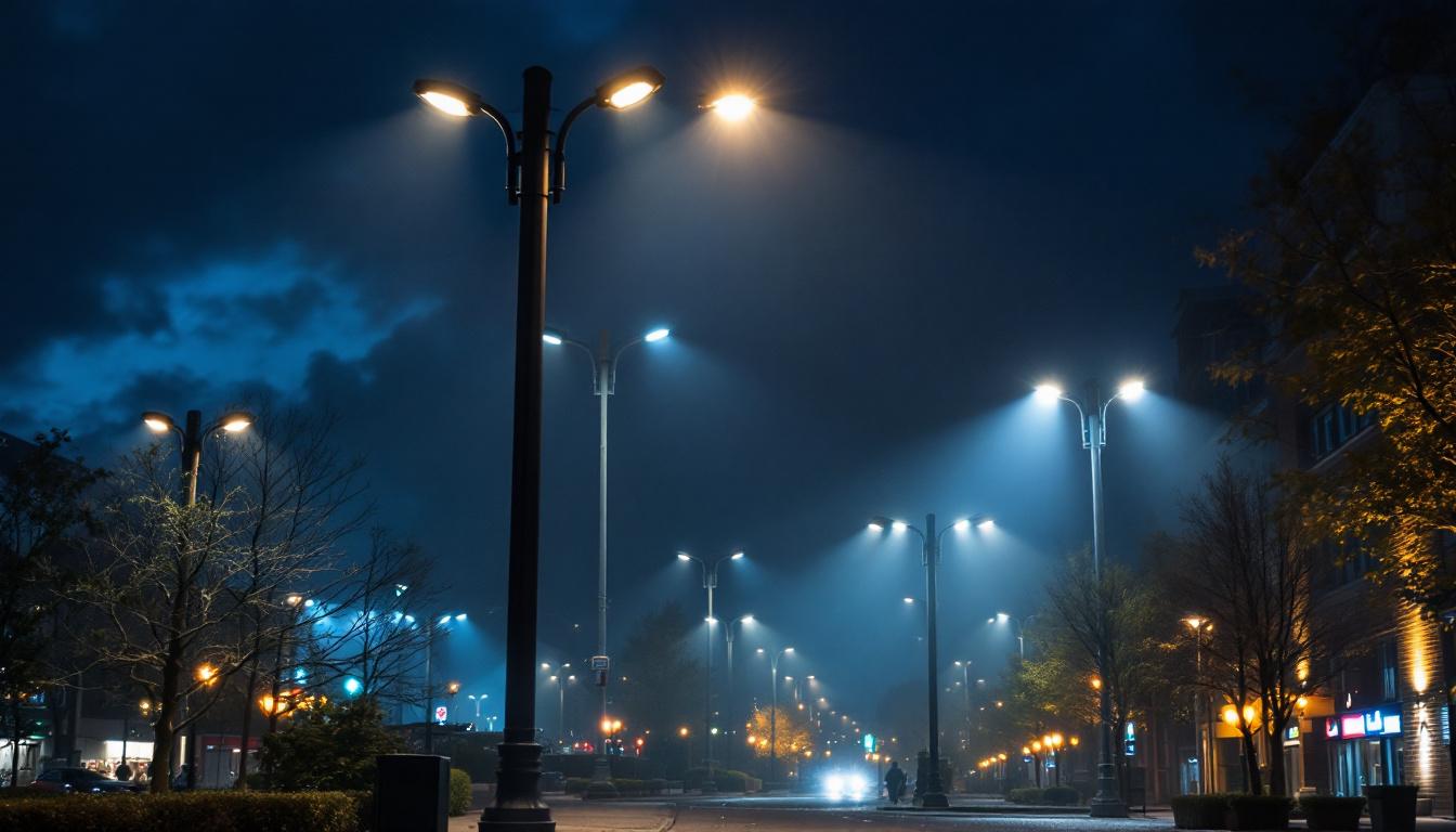 A photograph of a well-lit urban street scene showcasing various light posts at different heights