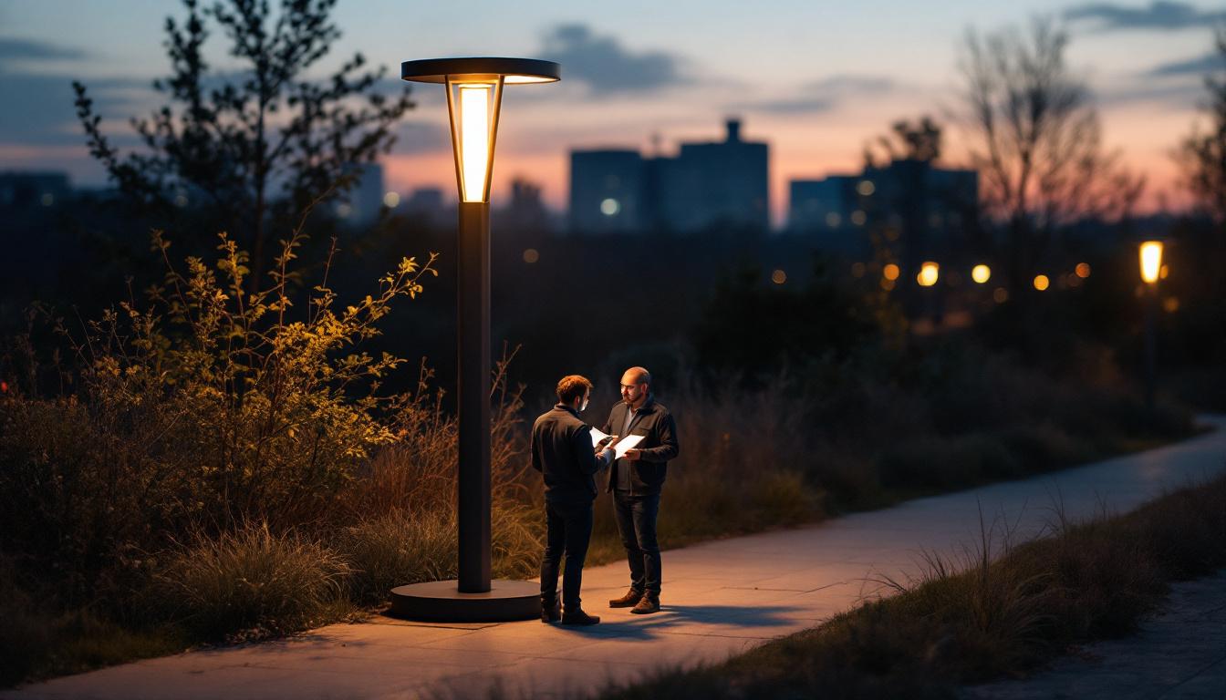 A photograph of a modern lamp post illuminated at dusk