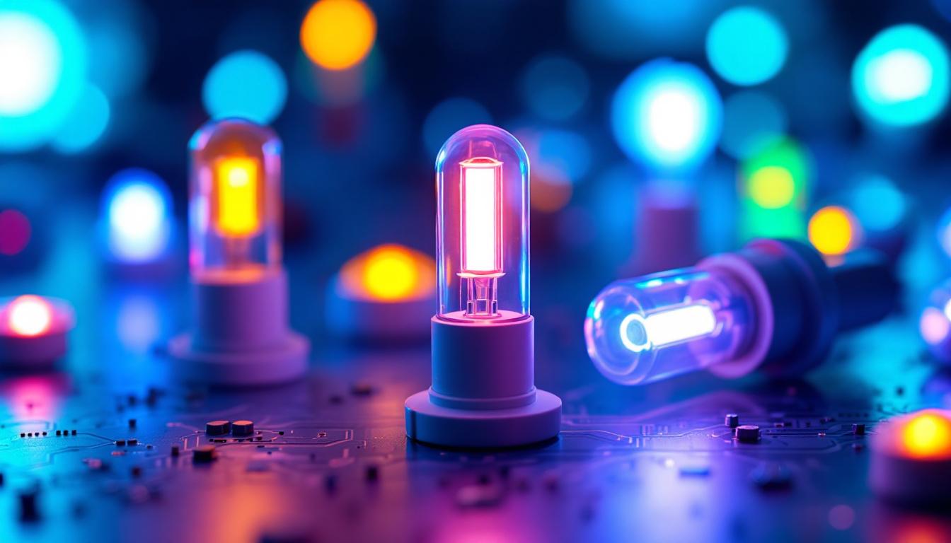 A photograph of a close-up of various led lights in different colors and shapes
