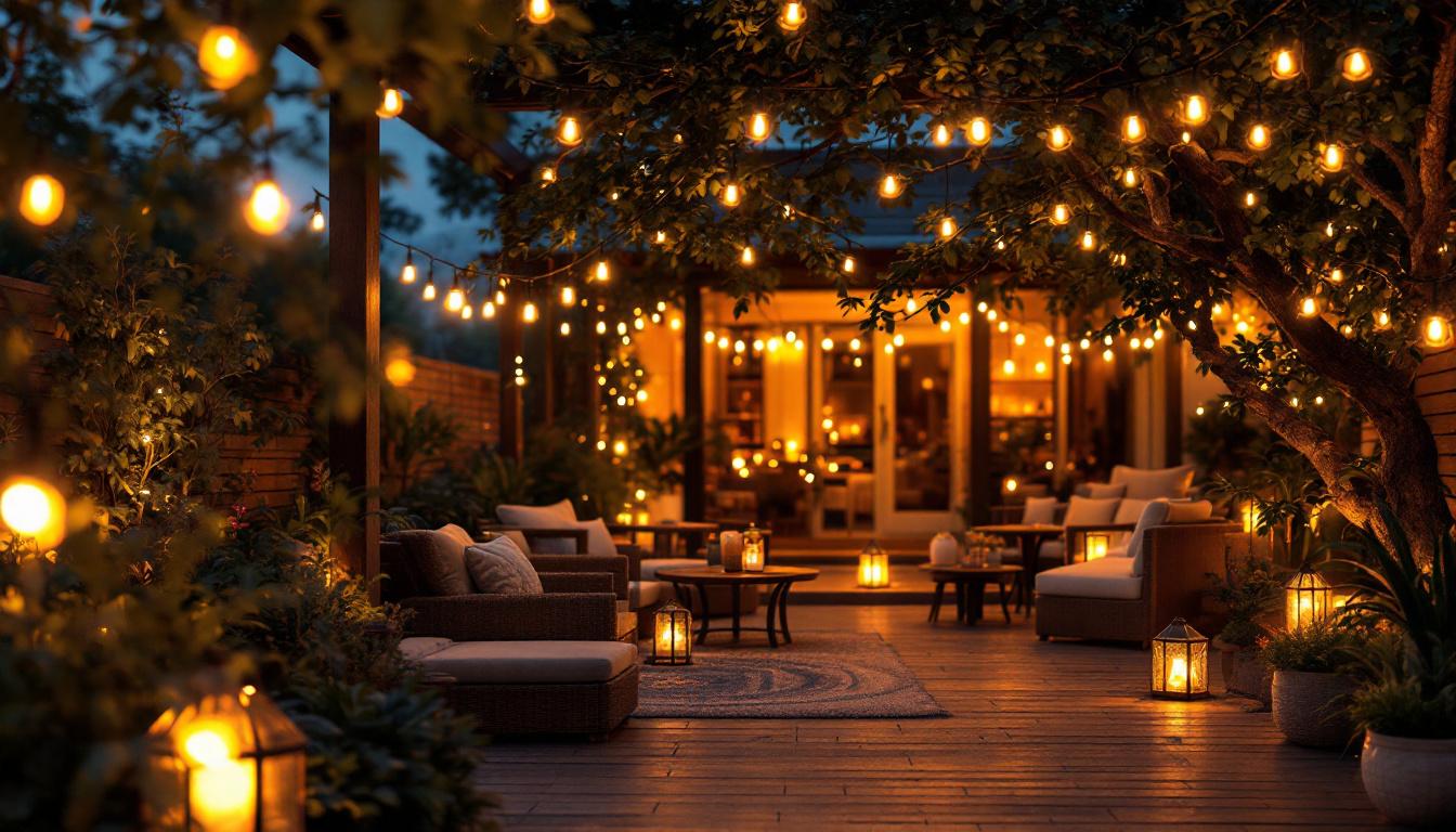 A photograph of a beautifully lit outdoor space adorned with 40 ft string lights